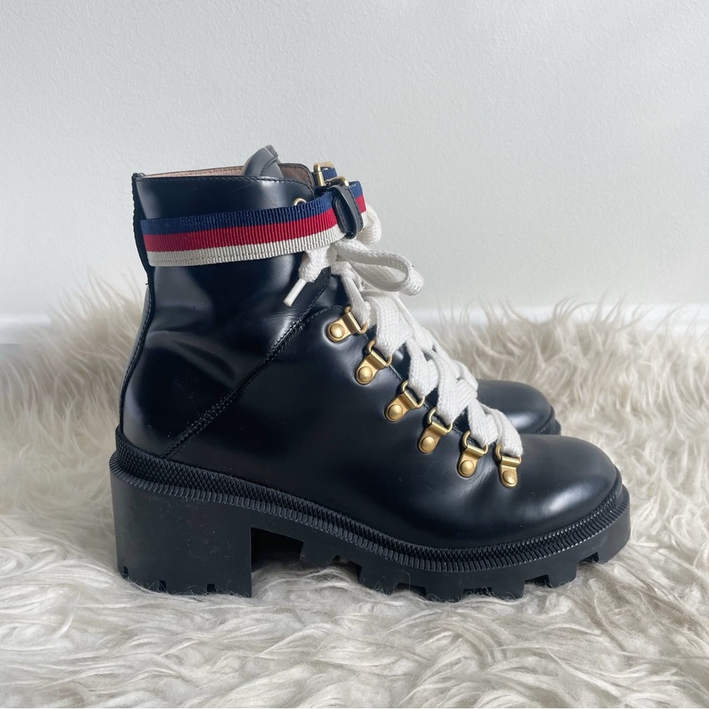 Gucci Leather Ankle Combat Boot with Sylvie Web Black size 37